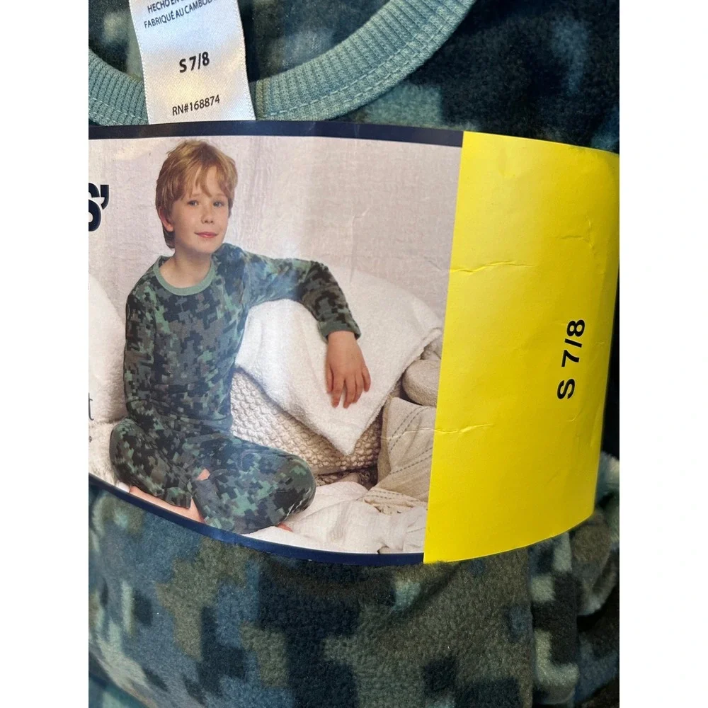 NWT Lands End Youth 3-Piece Sleep Set Hooded Robe Pajama Green Camo S 7/8 Fleece